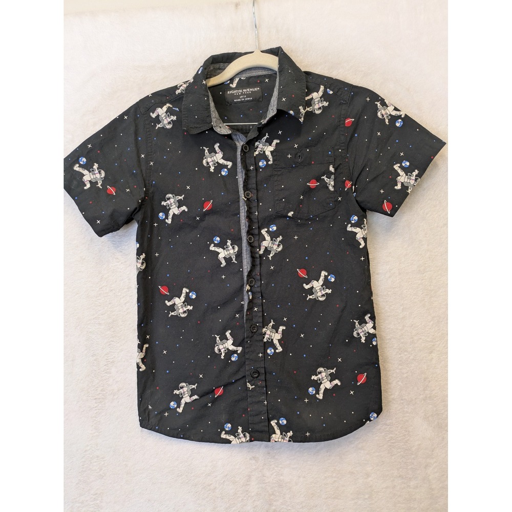 Eighth Avenue Button Down Shirt Boy's 10/12‎ Black Astronaut Space Planet Print